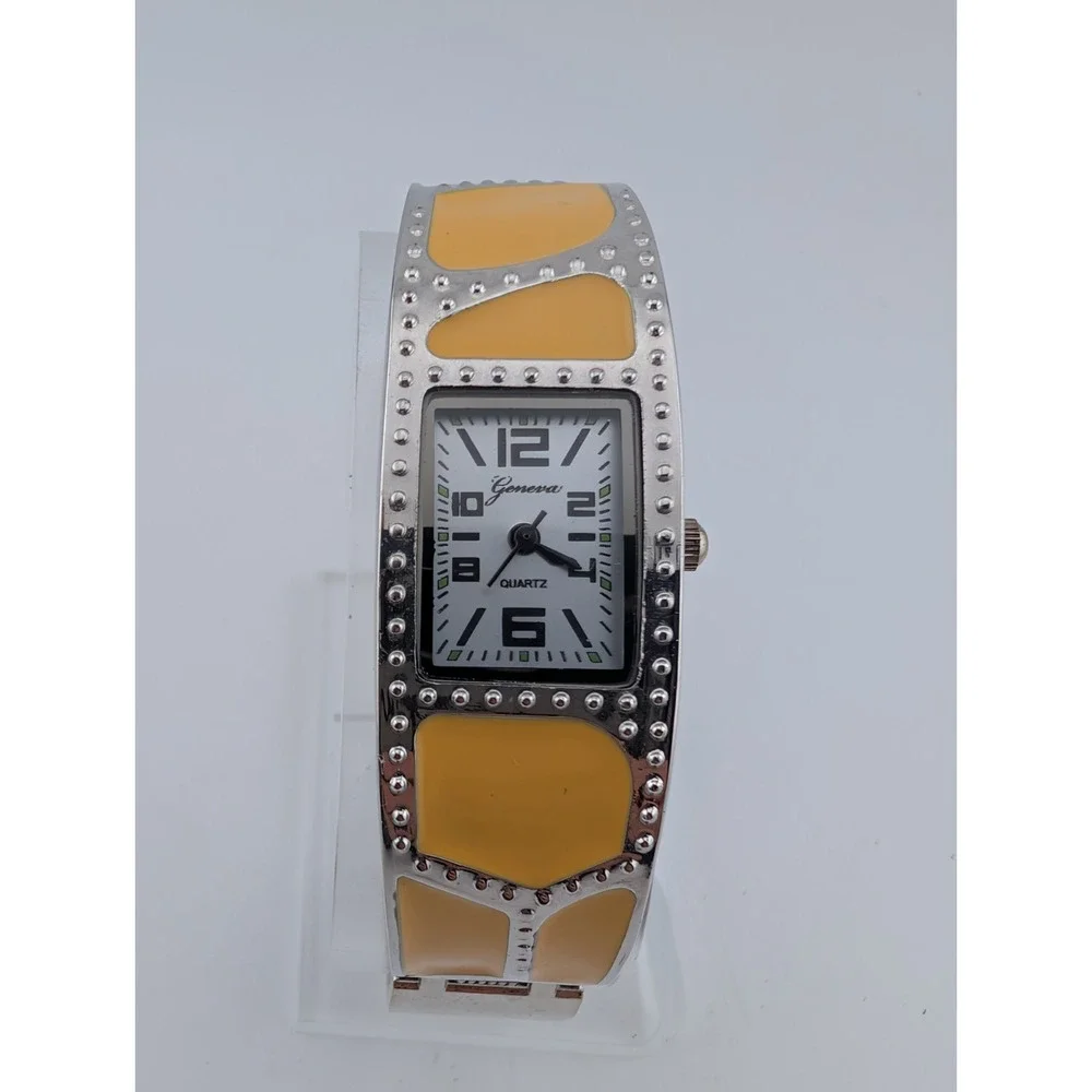 Geneva Enameled Cuff Bracelet Women's Watch 19mm Case Yellow/Silver- New Battery